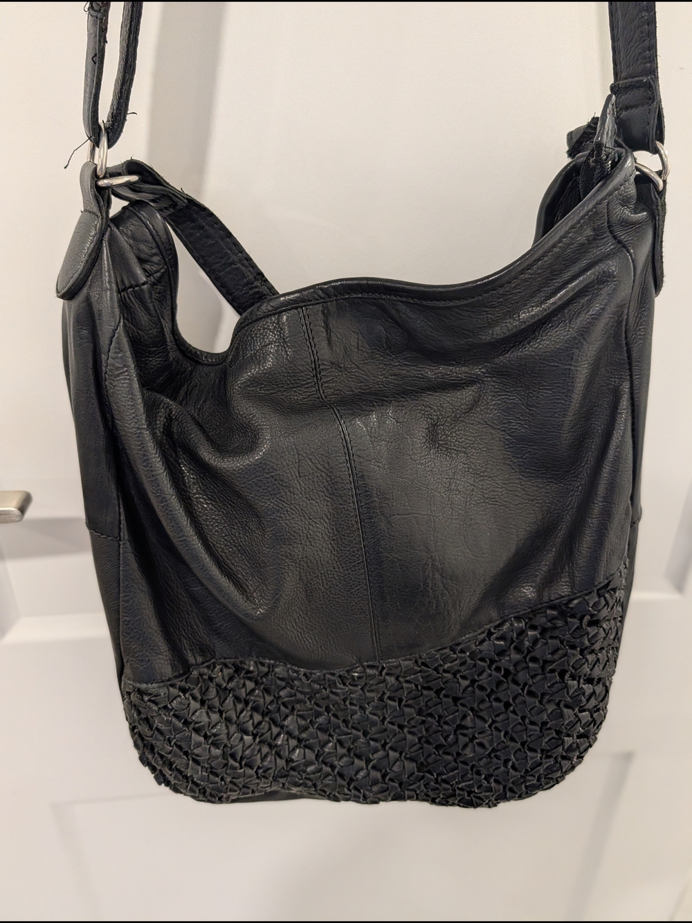 Black Woven Detail Leather Hobo Bag